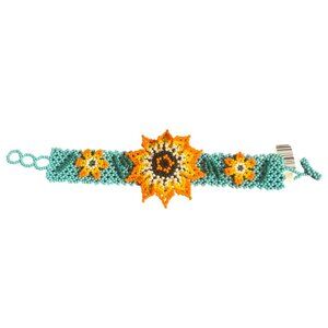 Shakira Huichol Seed Bead Cuff Bracelet 3D Flowers Turquoise Orange 3 Sizes NWT